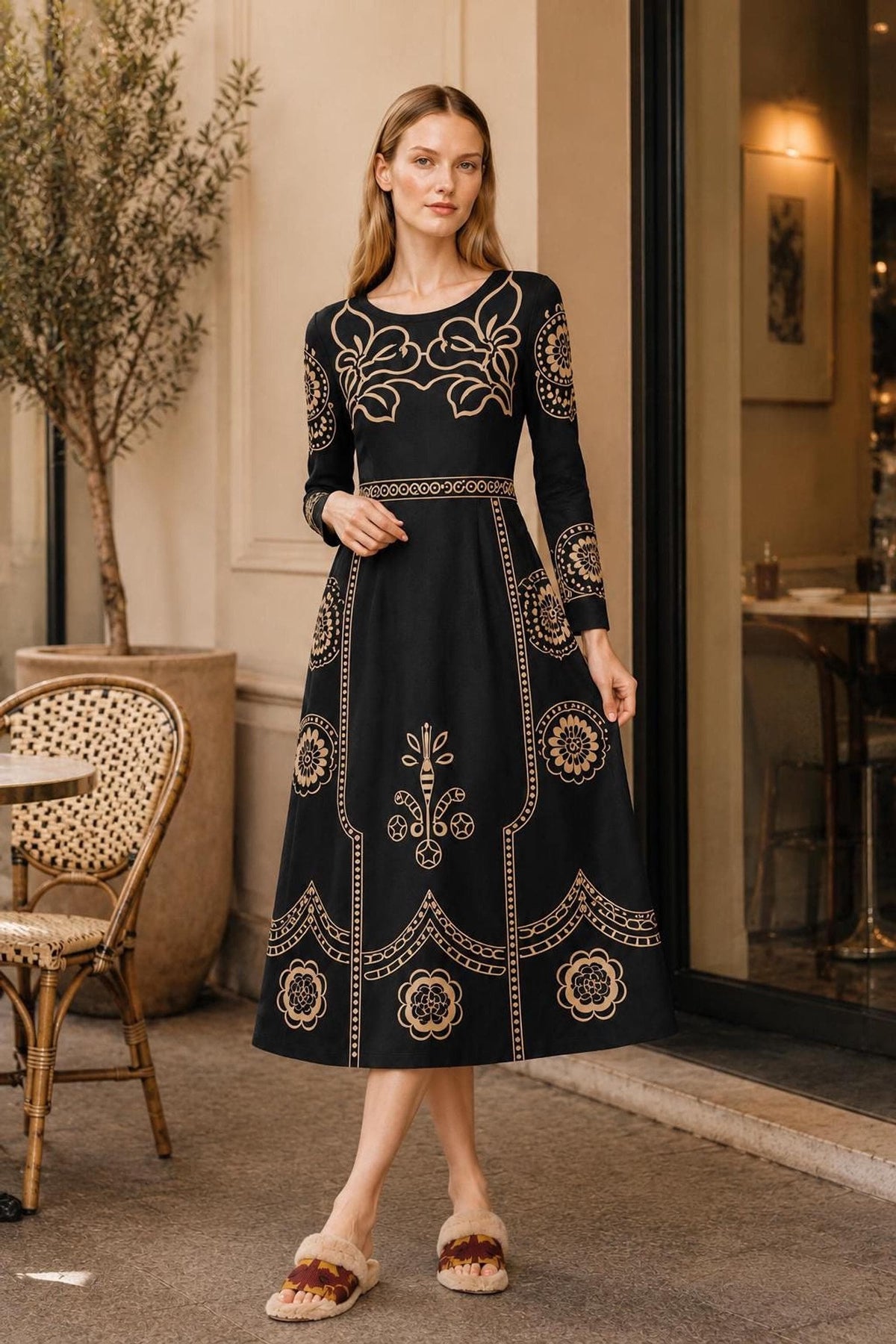 A model stands on an outdoor stone patio next to an olive tree, wearing the black and beige patterned dress.