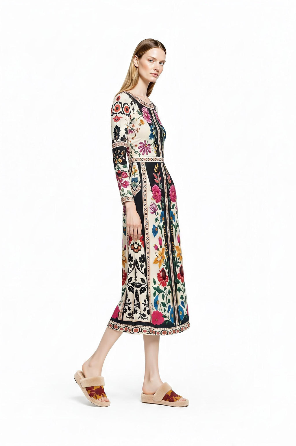 A model viewed from the side profile, showcasing the long sleeves and folk border print of the midi dress against a plain white background.