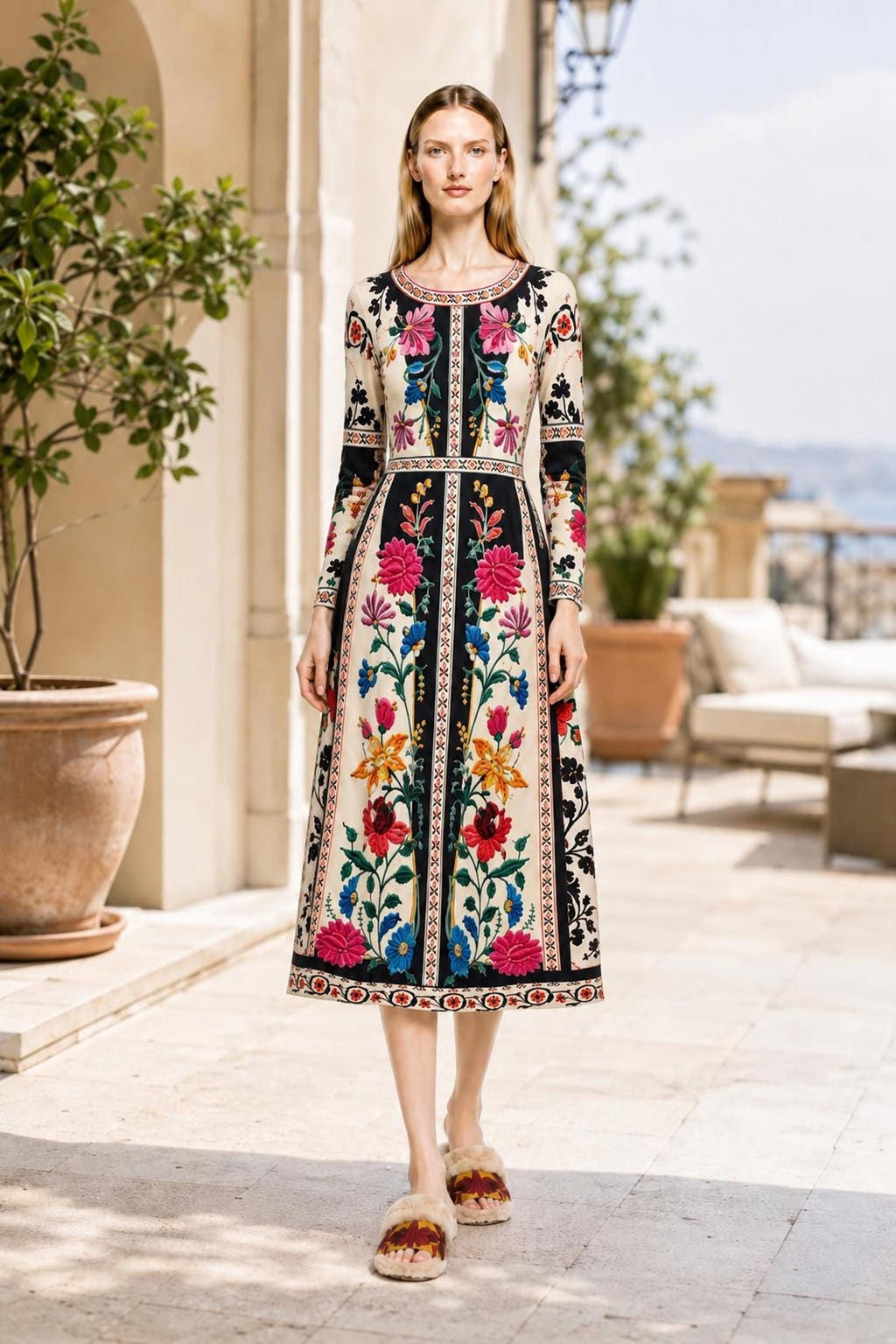A model walking forward on a sunny outdoor stone patio, wearing the folk border print midi dress with potted plants in the background.