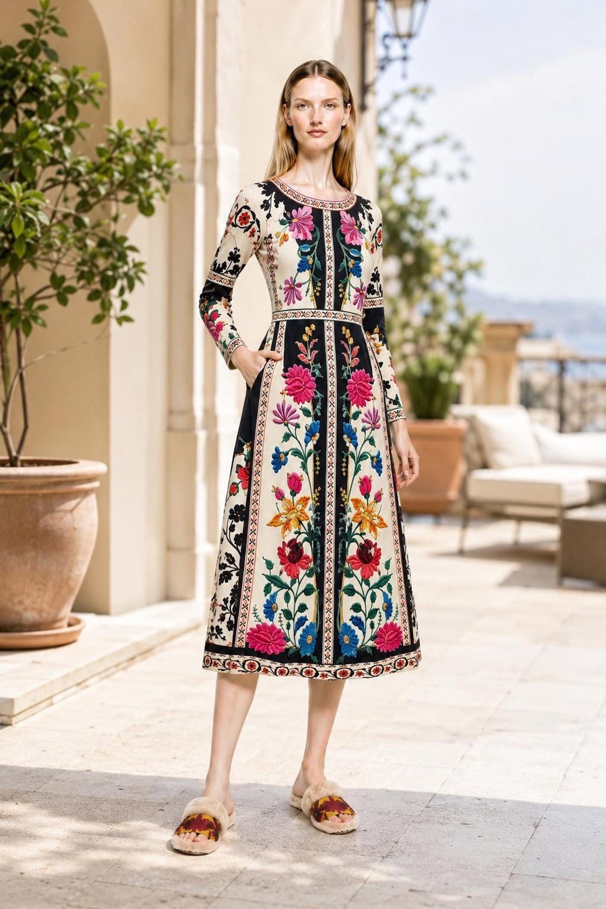 A model standing on an outdoor terrace in the colorful floral midi dress, with one hand tucked into a pocket.