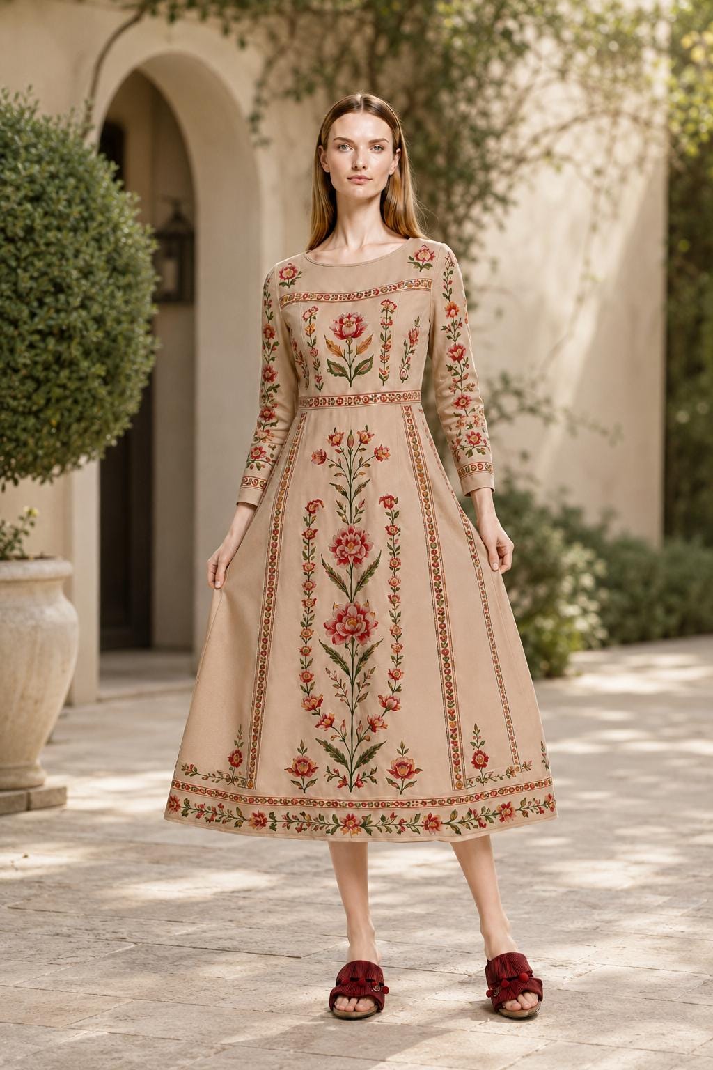 Ivory Floral Maxi Dress, Long Sleeve Folk Print A-Line Dress, Romantic Garden Party Style