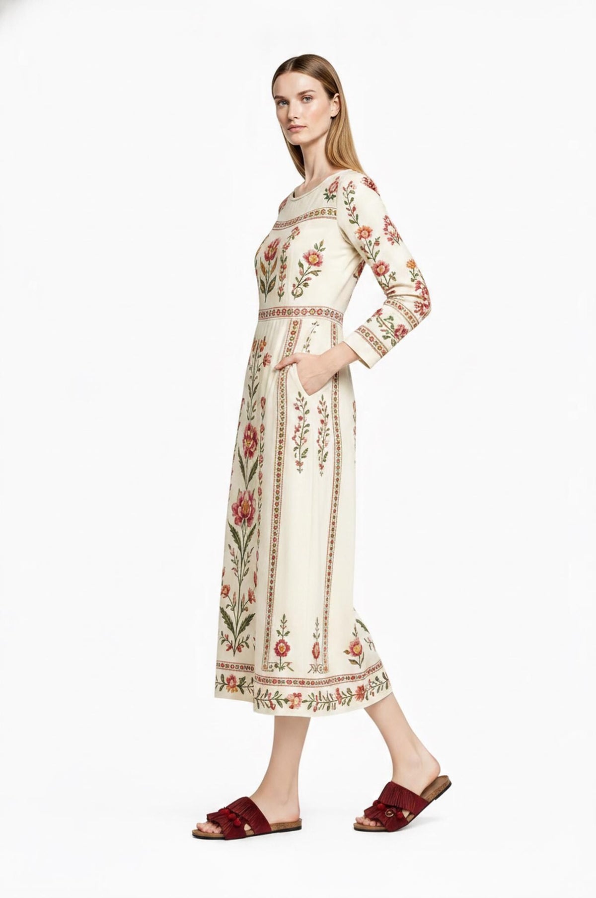 Ivory Floral Maxi Dress, Long Sleeve Folk Print A-Line Dress, Romantic Garden Party Style