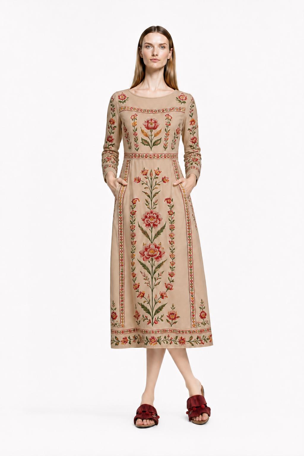 Ivory Floral Maxi Dress, Long Sleeve Folk Print A-Line Dress, Romantic Garden Party Style