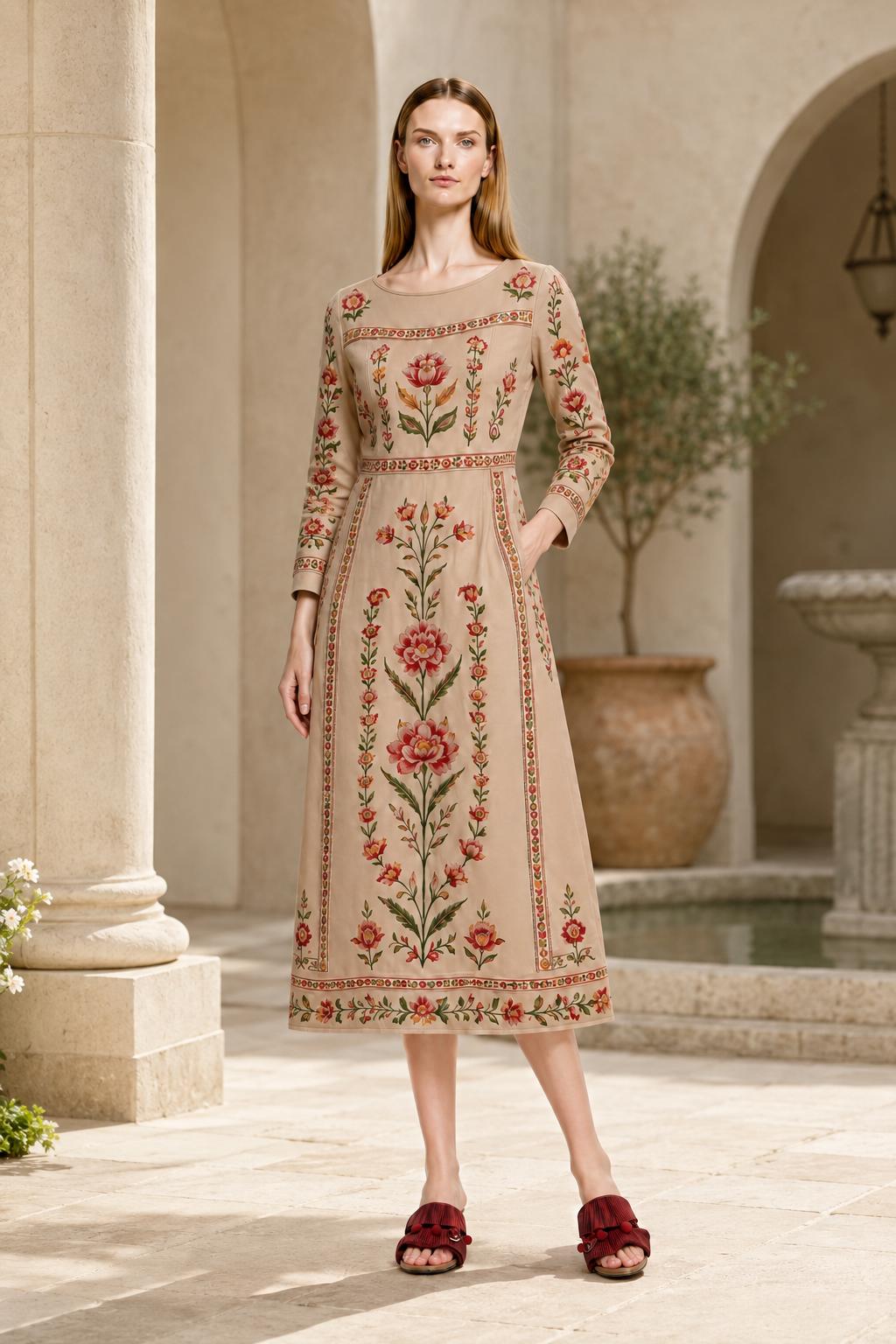 Ivory Floral Maxi Dress, Long Sleeve Folk Print A-Line Dress, Romantic Garden Party Style