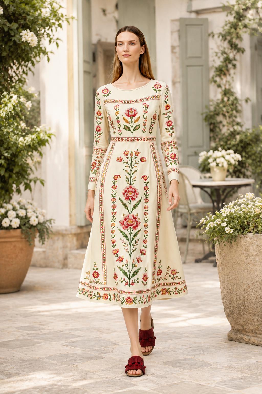 Ivory Floral Maxi Dress, Long Sleeve Folk Print A-Line Dress, Romantic Garden Party Style
