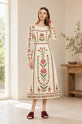 Ivory Floral Maxi Dress, Long Sleeve Folk Print A-Line Dress, Romantic Garden Party Style