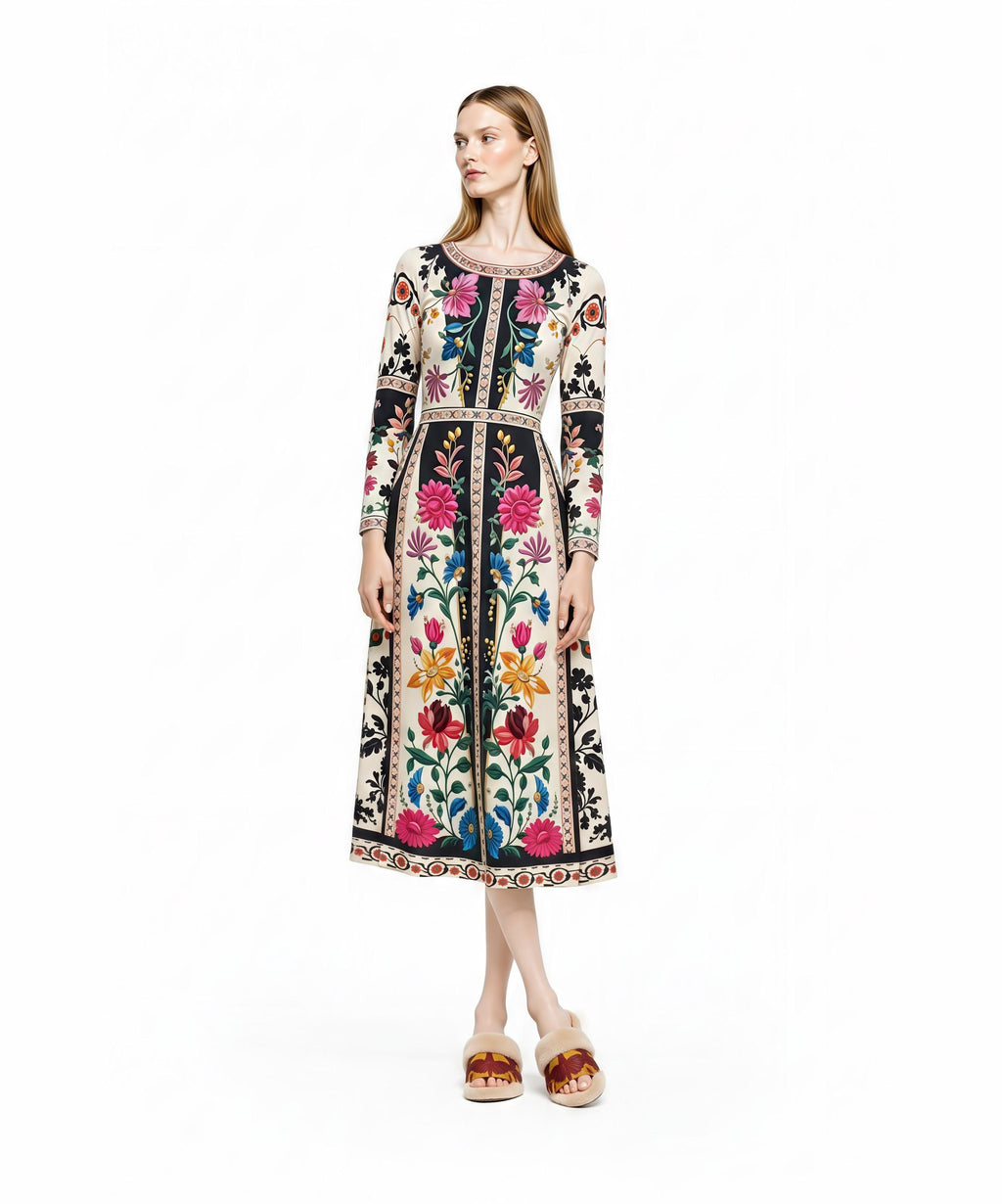 A model stands facing forward in a long-sleeve midi dress featuring a cream base with colorful folk-style floral embroidery patterns and a black panel down the center.