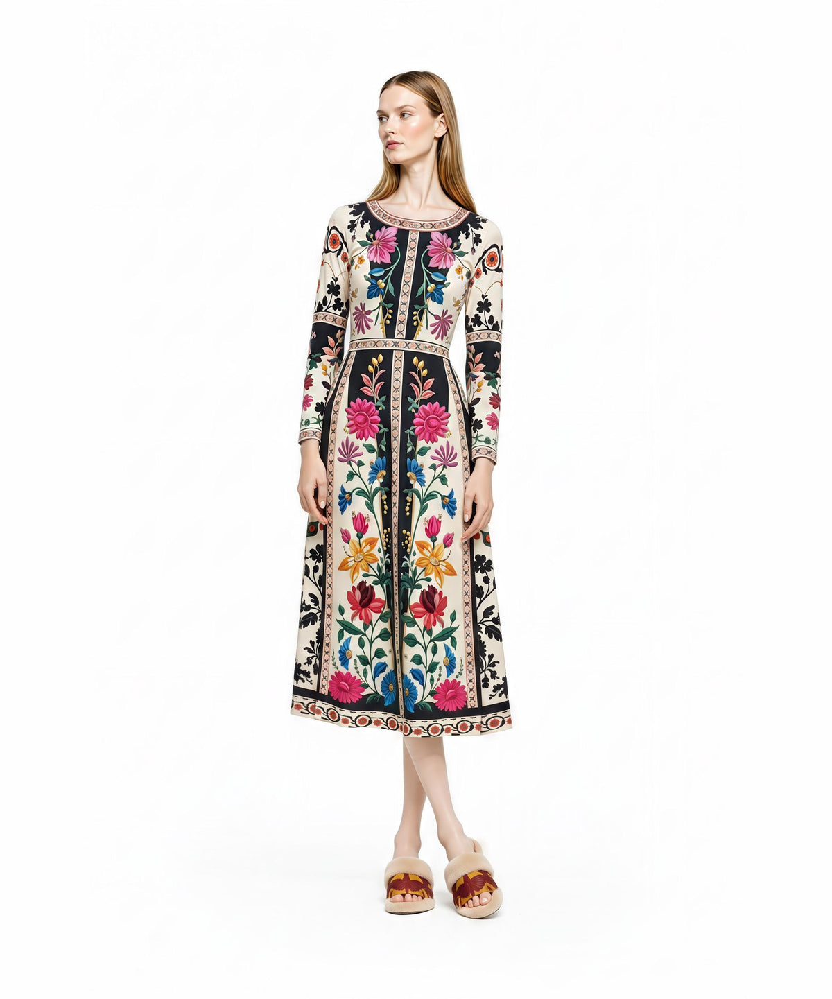 A model stands facing forward in a long-sleeve midi dress featuring a cream base with colorful folk-style floral embroidery patterns and a black panel down the center.