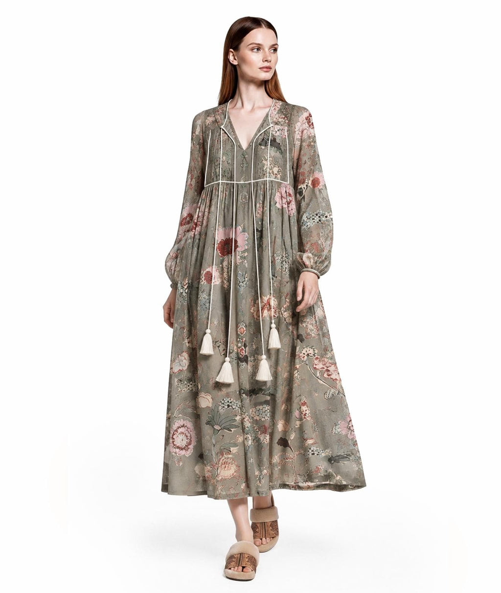 Sage Green Floral Maxi Dress with Long Bishop Sleeves and V-Neck