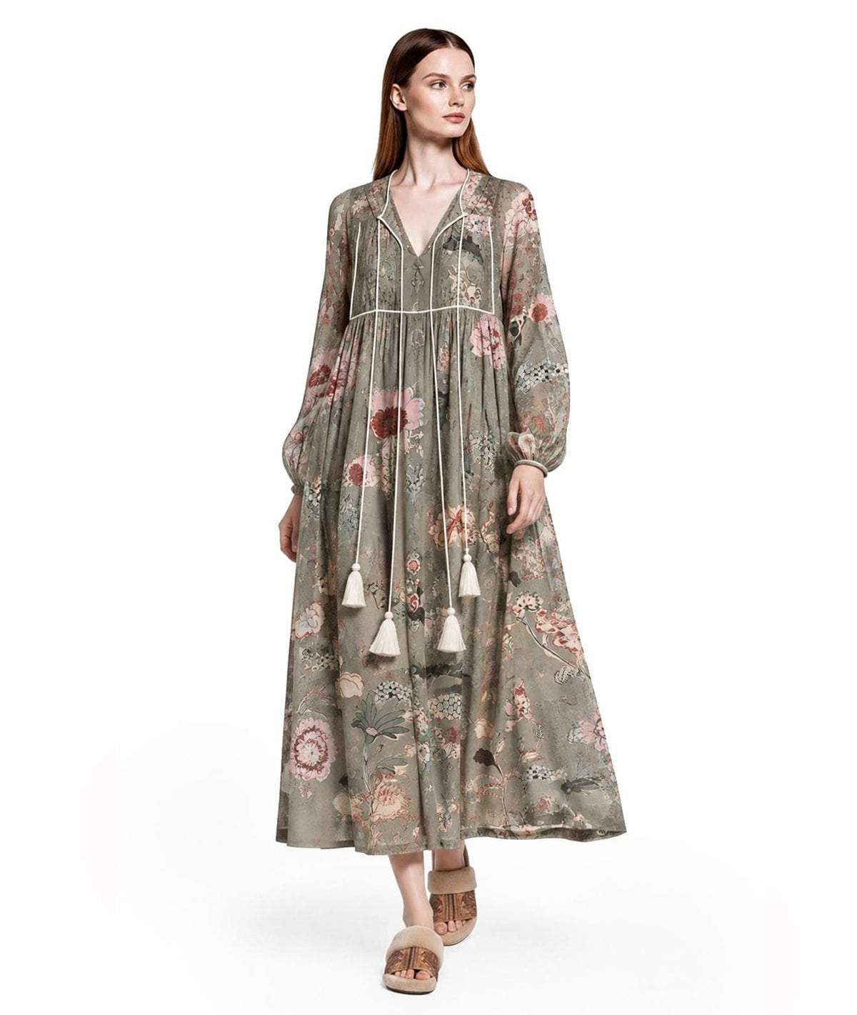Sage Green Floral Maxi Dress with Long Bishop Sleeves and V-Neck