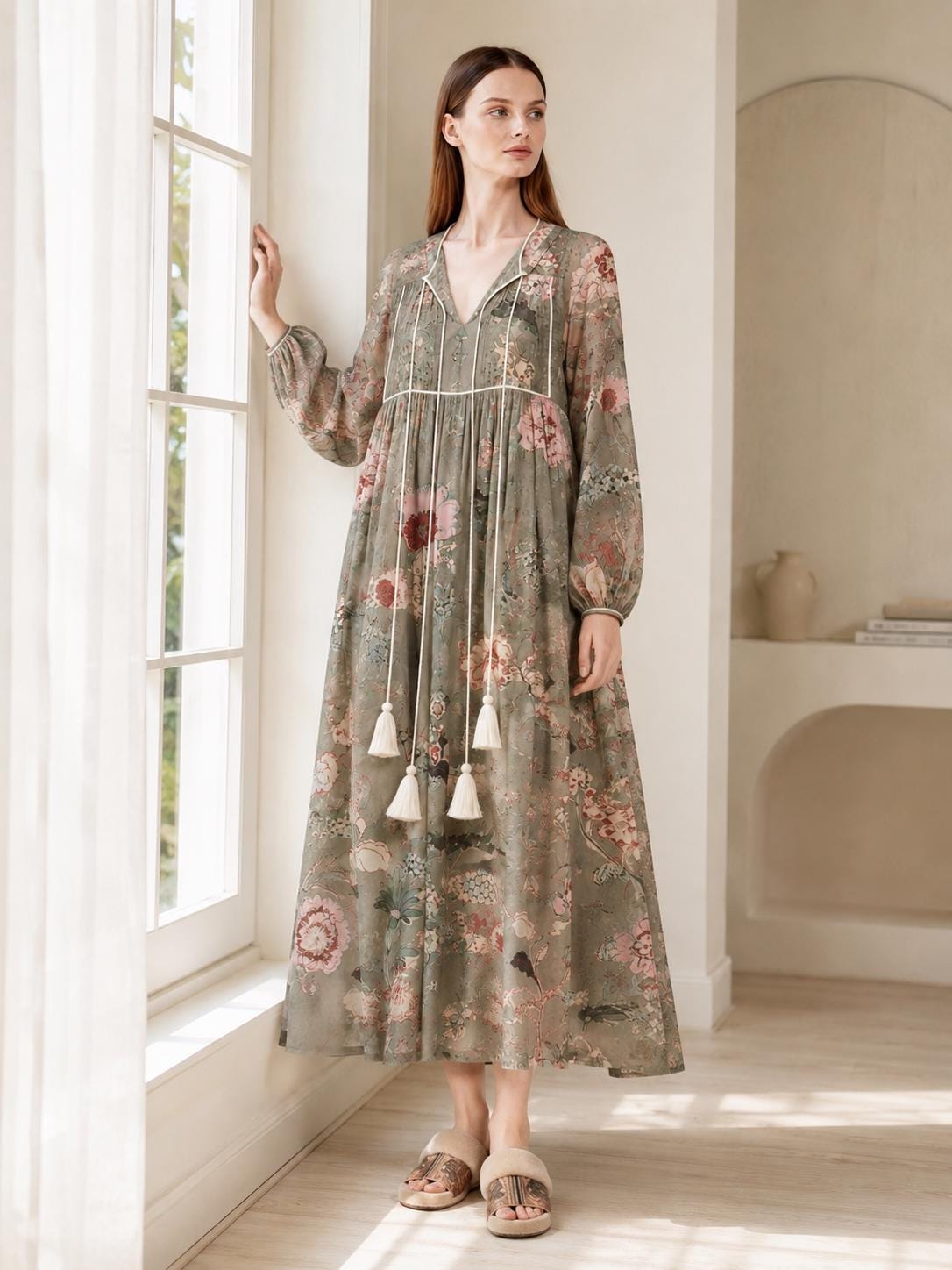 Sage Green Floral Maxi Dress with Long Bishop Sleeves and V-Neck