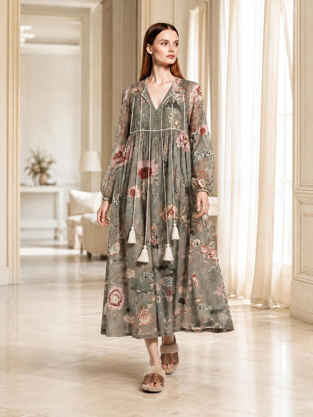 Sage Green Floral Maxi Dress with Long Bishop Sleeves and V-Neck