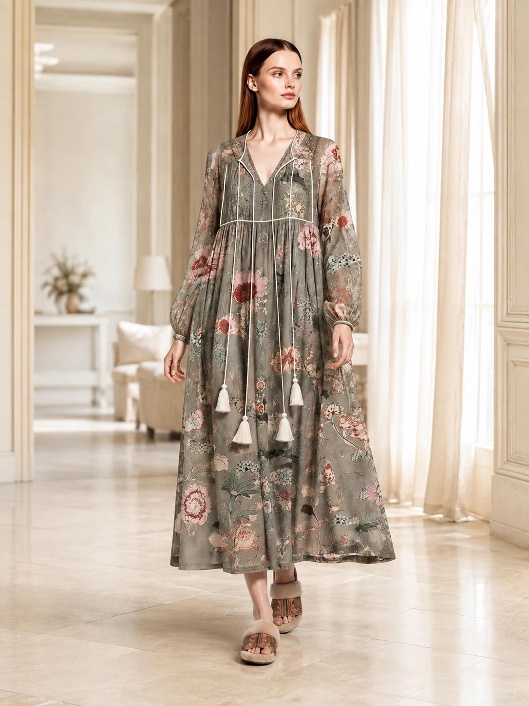 Sage Green Floral Maxi Dress with Long Bishop Sleeves and V-Neck