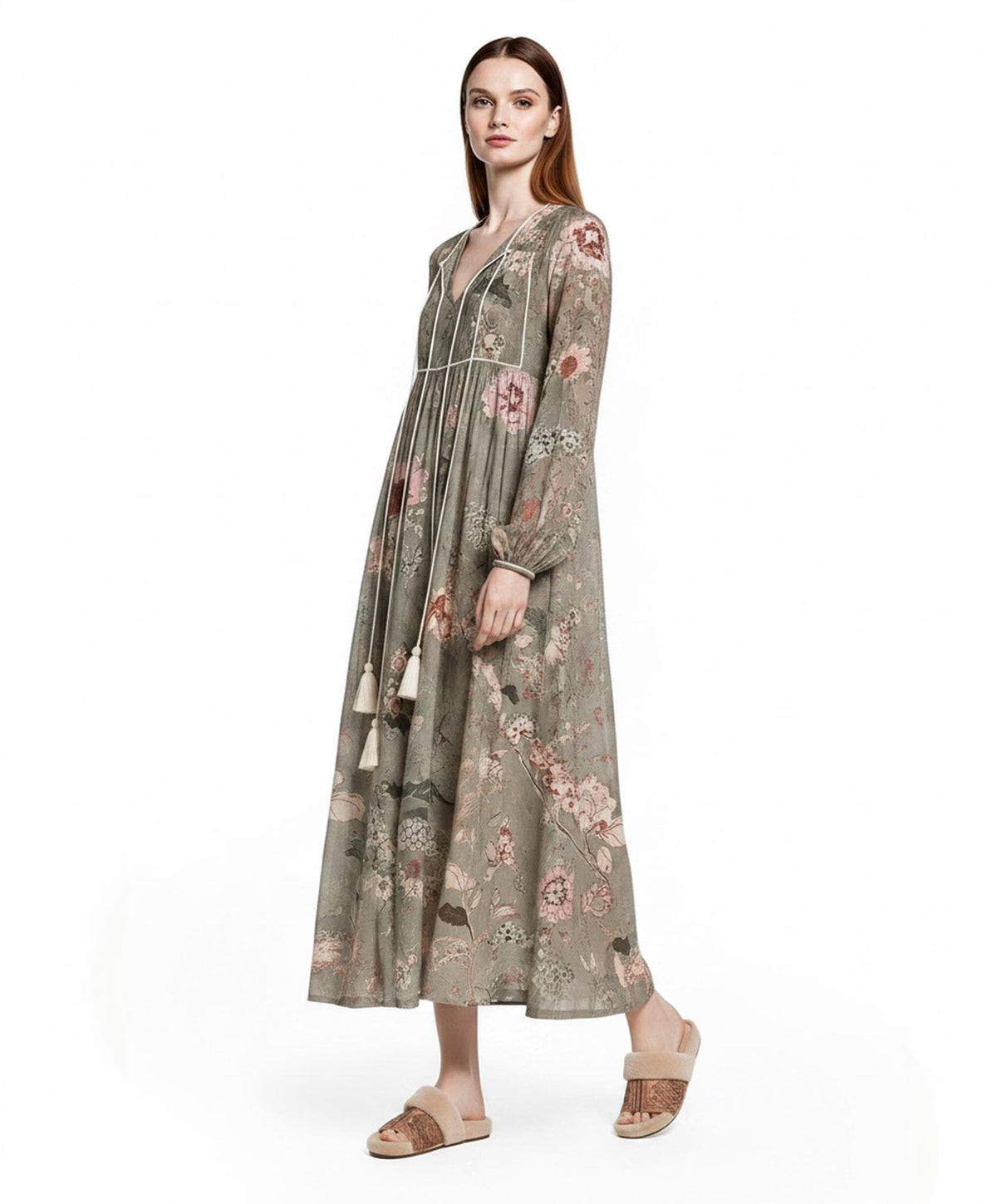 Sage Green Floral Maxi Dress with Long Bishop Sleeves and V-Neck