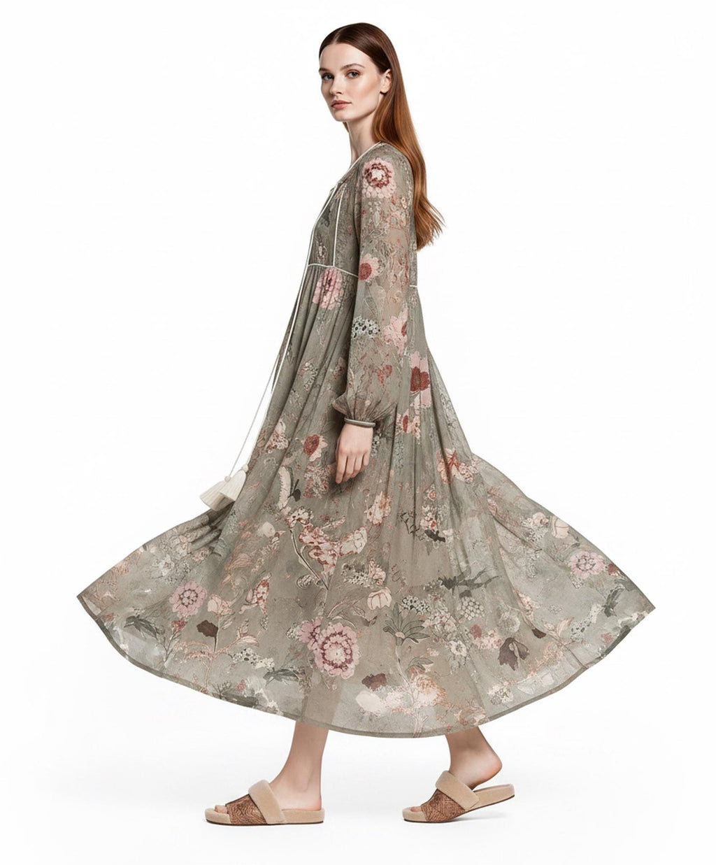 Sage Green Floral Maxi Dress with Long Bishop Sleeves and V-Neck