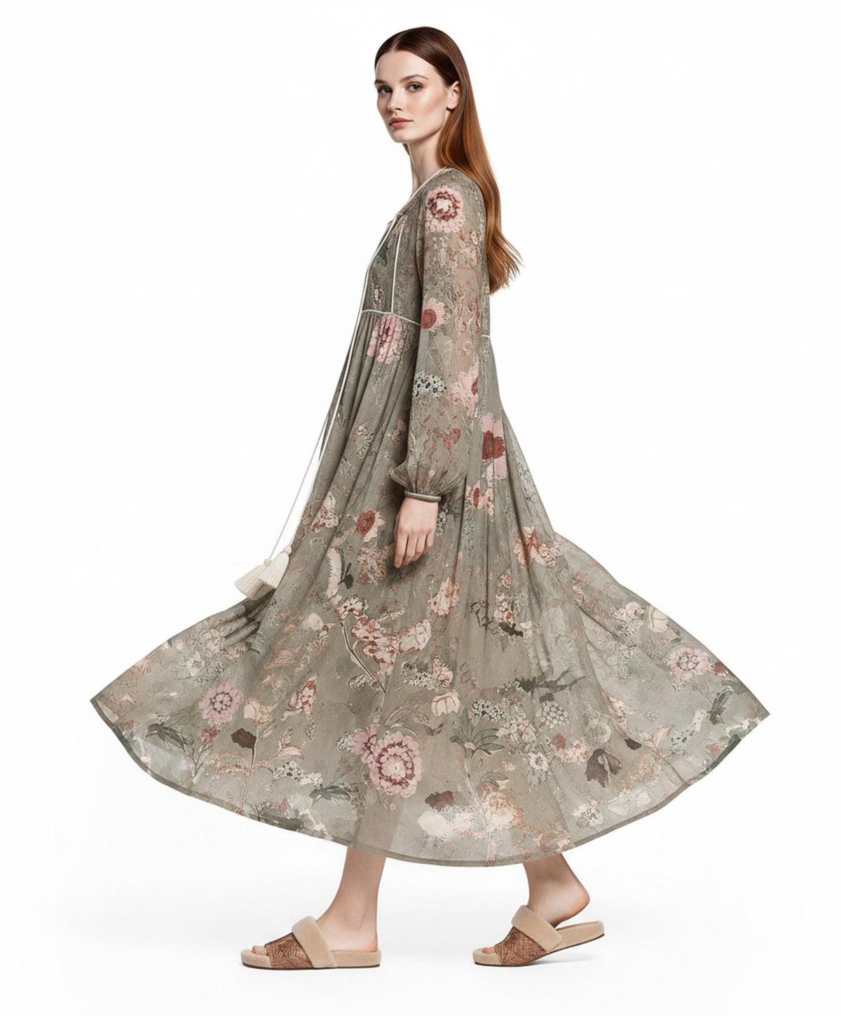 Sage Green Floral Maxi Dress with Long Bishop Sleeves and V-Neck