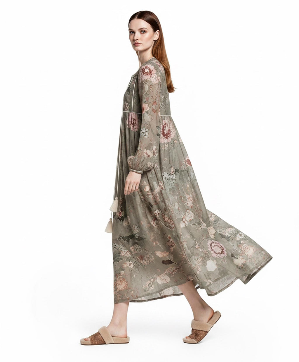 Sage Green Floral Maxi Dress with Long Bishop Sleeves and V-Neck