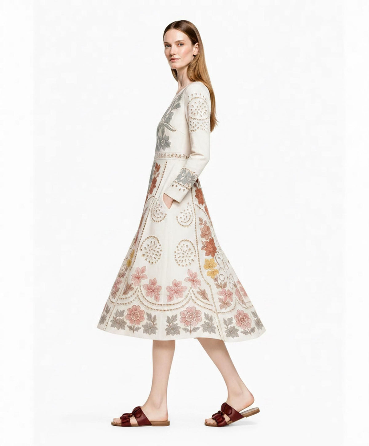 Ivory Floral Midi Dress with Eyelet-Inspired Print, Long Sleeves and Pockets