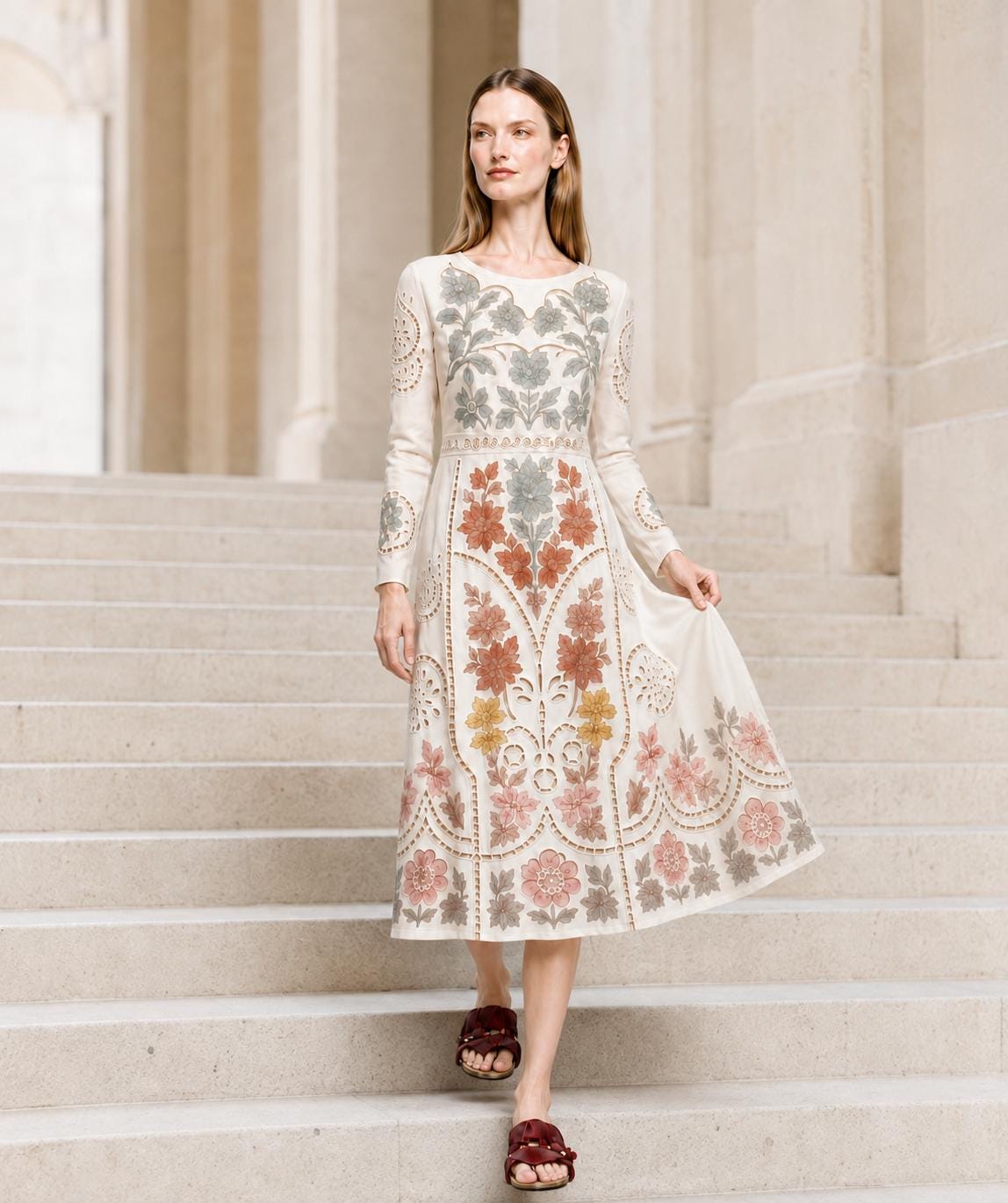 Ivory Floral Midi Dress with Eyelet-Inspired Print, Long Sleeves and Pockets