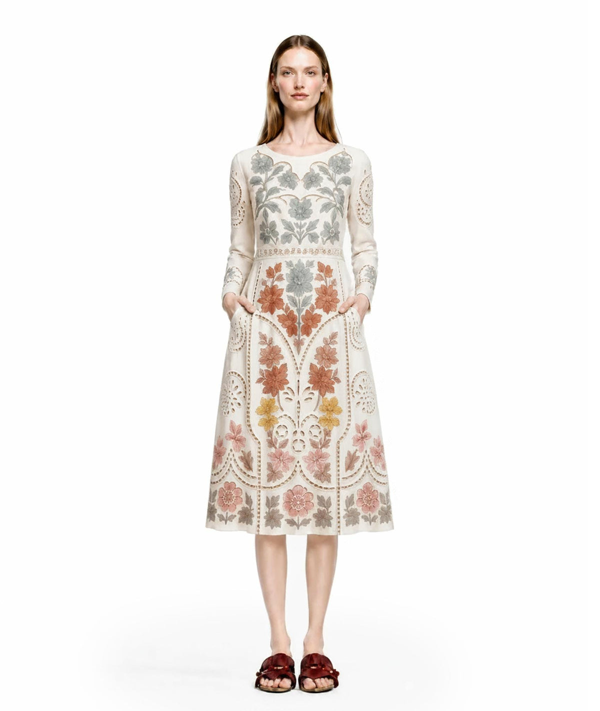Ivory Floral Midi Dress with Eyelet-Inspired Print, Long Sleeves and Pockets