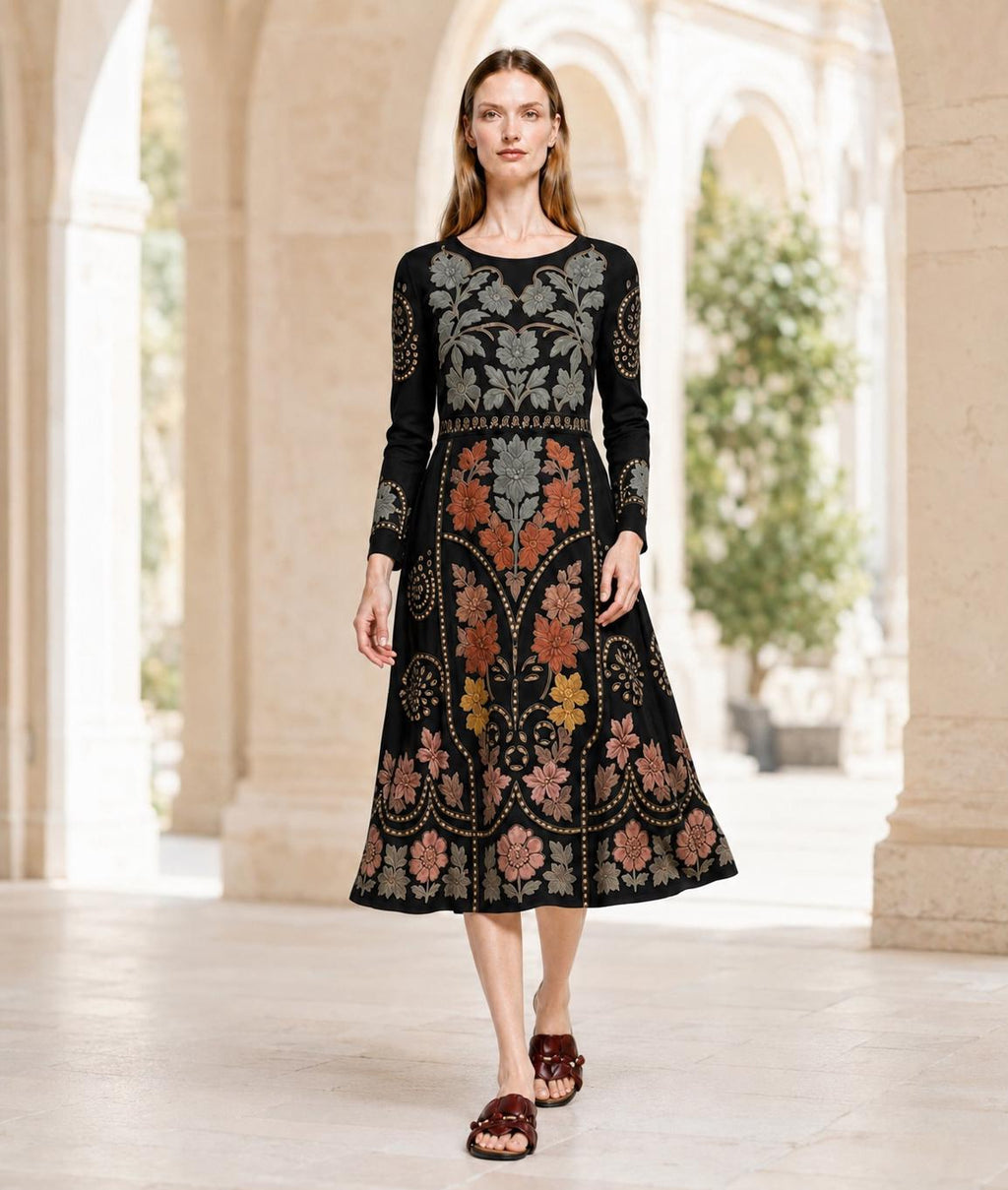 Black Floral Midi Dress with Eyelet-Inspired Print, Long Sleeves and Pockets