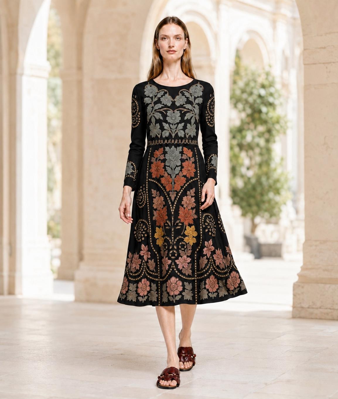 Black Floral Midi Dress with Eyelet-Inspired Print, Long Sleeves and Pockets