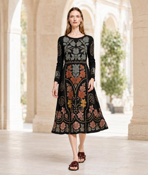 Black Floral Midi Dress with Eyelet-Inspired Print, Long Sleeves and Pockets