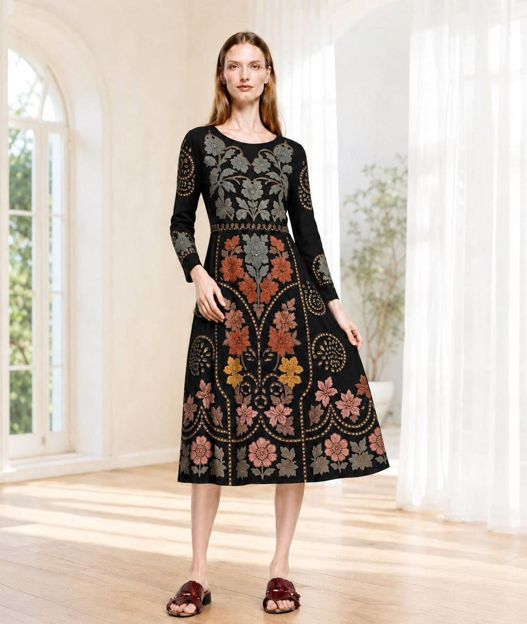 Black Floral Midi Dress with Eyelet-Inspired Print, Long Sleeves and Pockets
