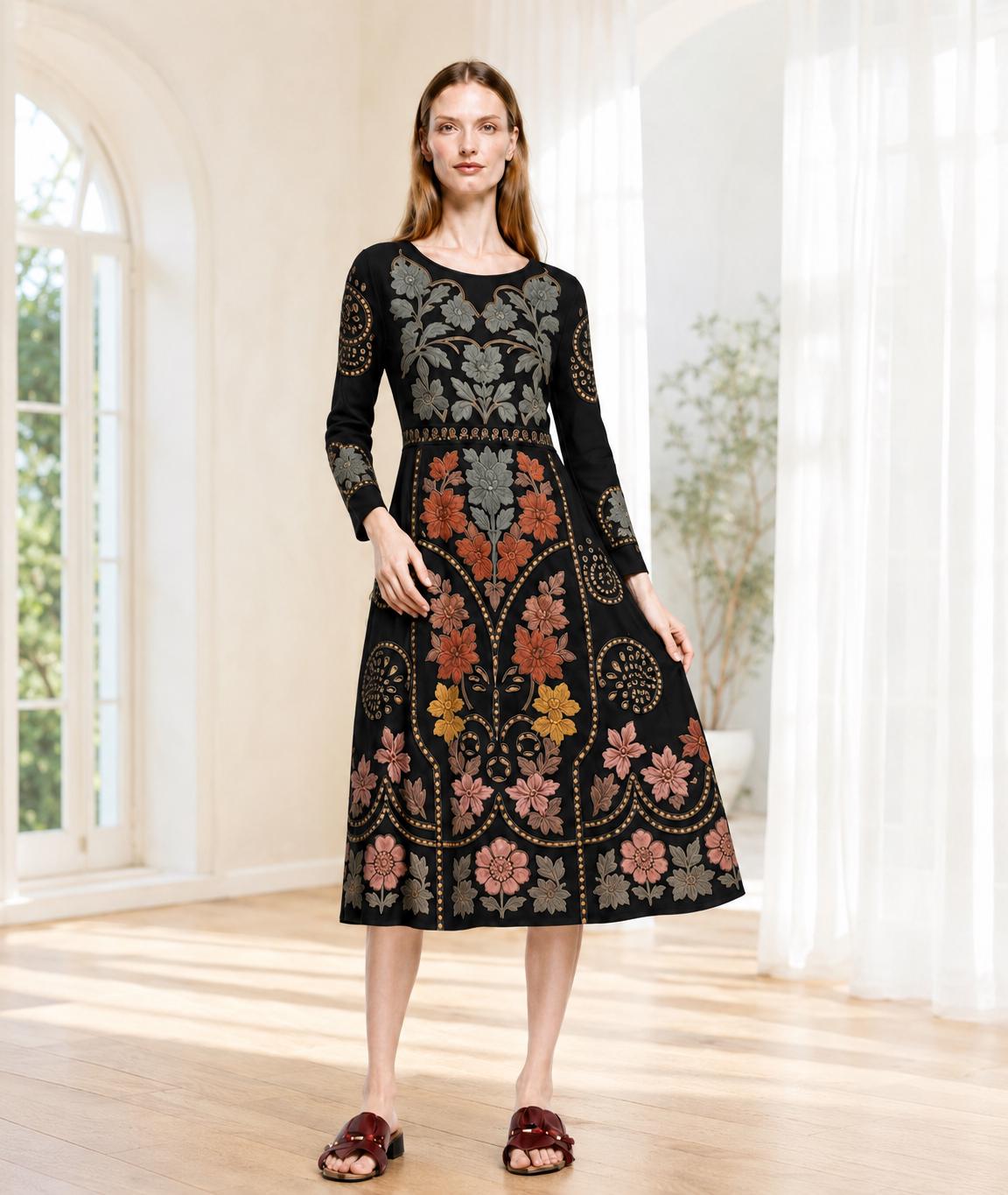 Black Floral Midi Dress with Eyelet-Inspired Print, Long Sleeves and Pockets