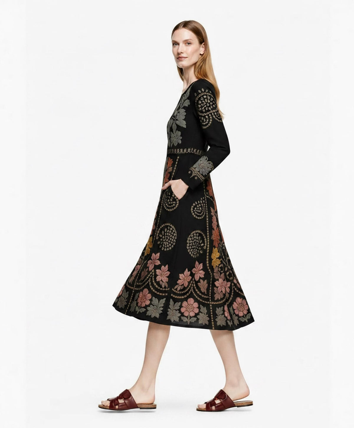 Black Floral Midi Dress with Eyelet-Inspired Print, Long Sleeves and Pockets
