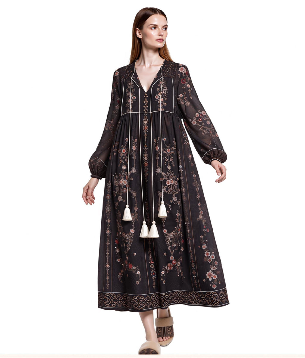 Black Floral Maxi Dress with Embroidery-Inspired Print, Tassel Ties and Long Sleeves
