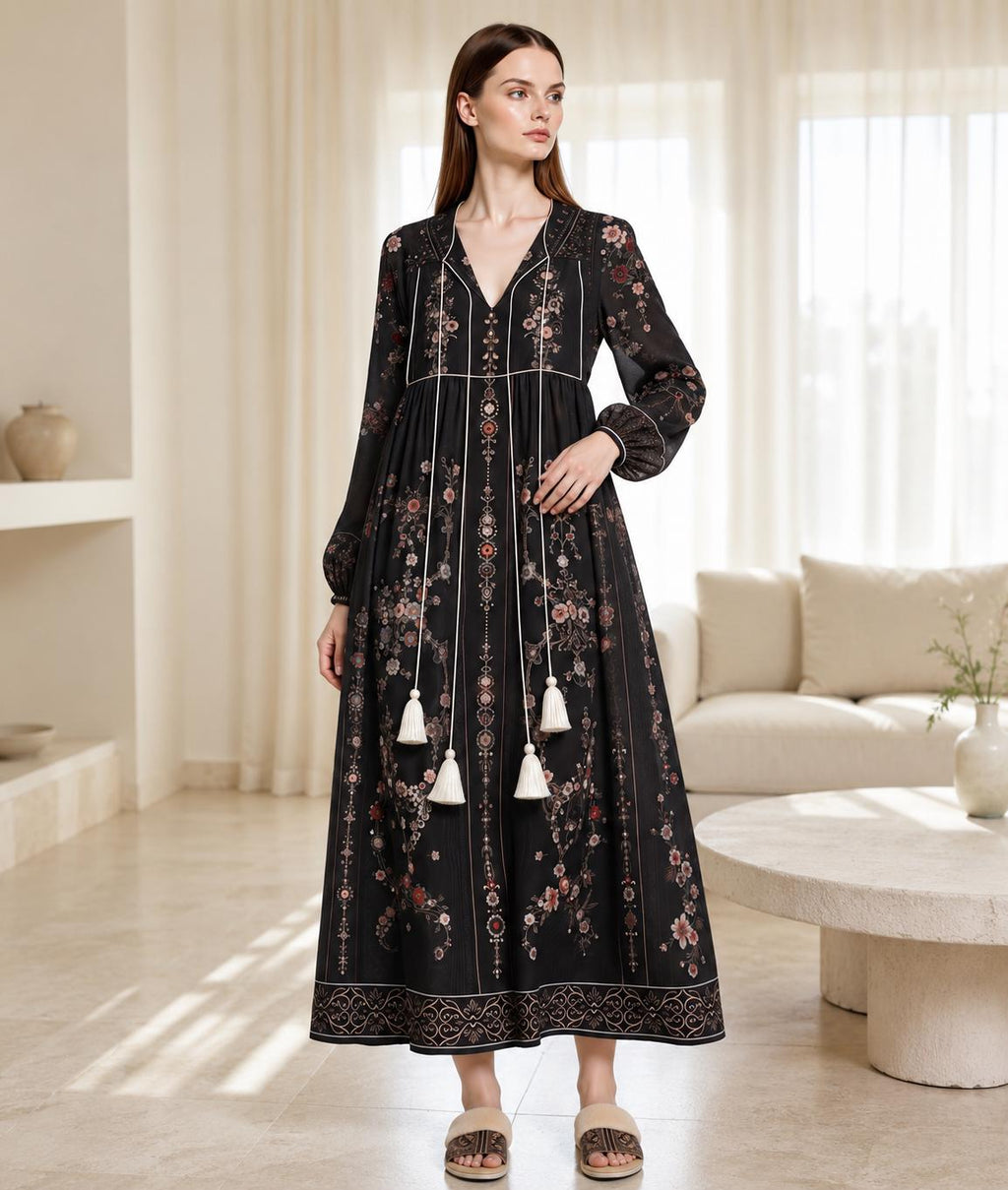 Black Floral Maxi Dress with Embroidery-Inspired Print, Tassel Ties and Long Sleeves