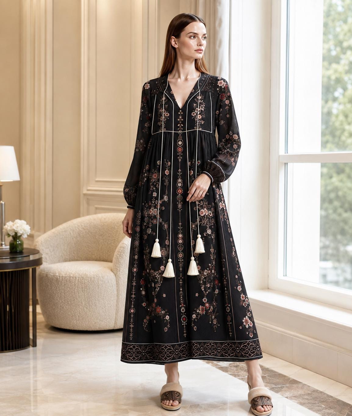 Black Floral Maxi Dress with Embroidery-Inspired Print, Tassel Ties and Long Sleeves
