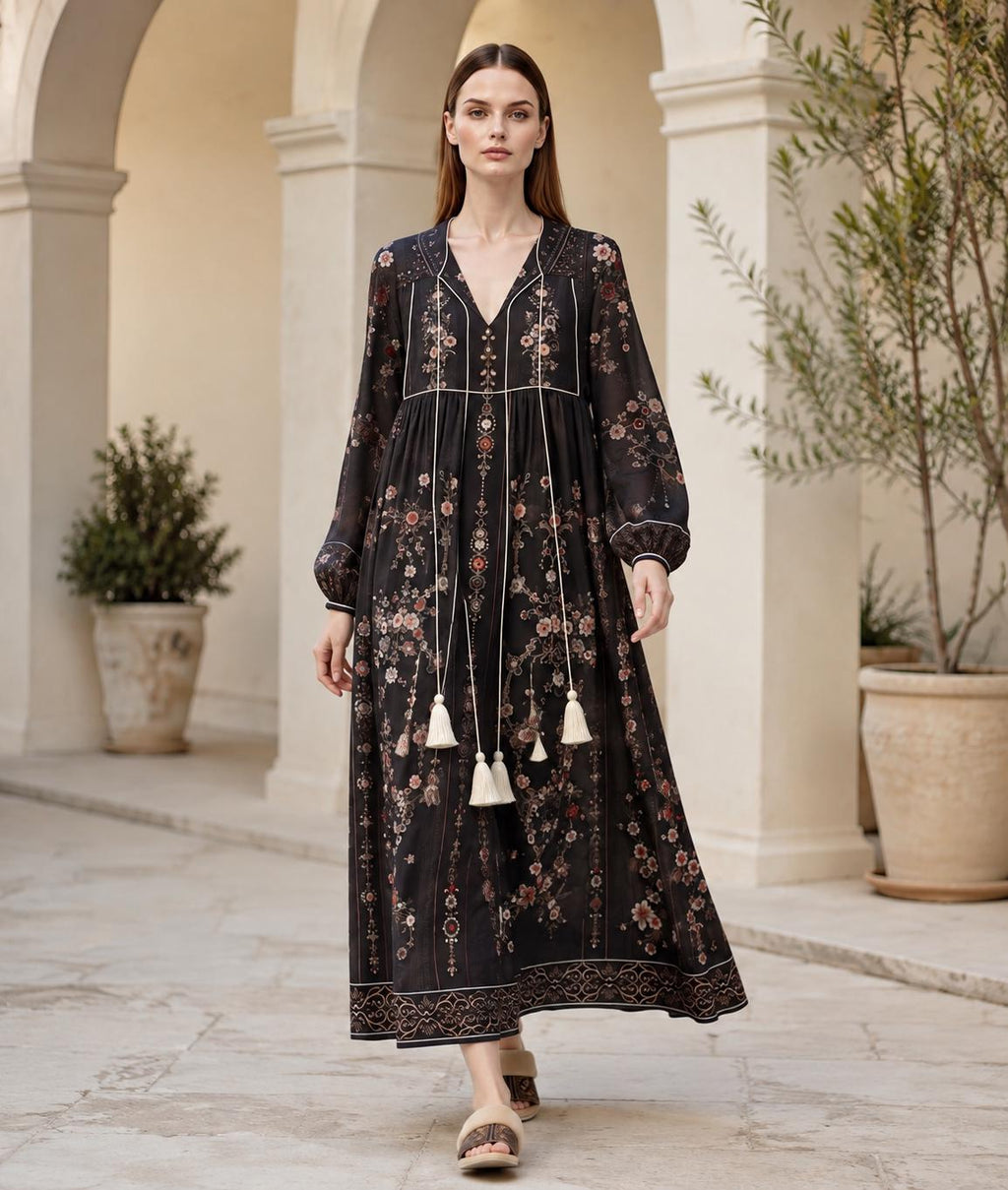 Black Floral Maxi Dress with Embroidery-Inspired Print, Tassel Ties and Long Sleeves