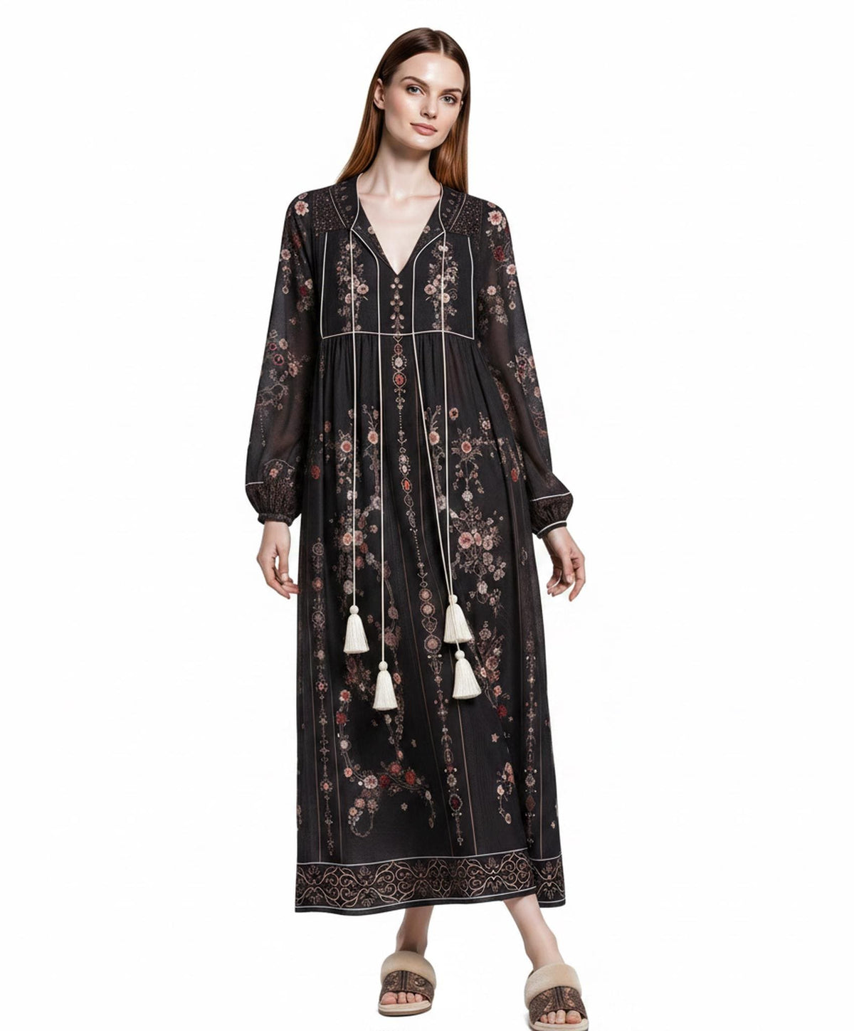Black Floral Maxi Dress with Embroidery-Inspired Print, Tassel Ties and Long Sleeves