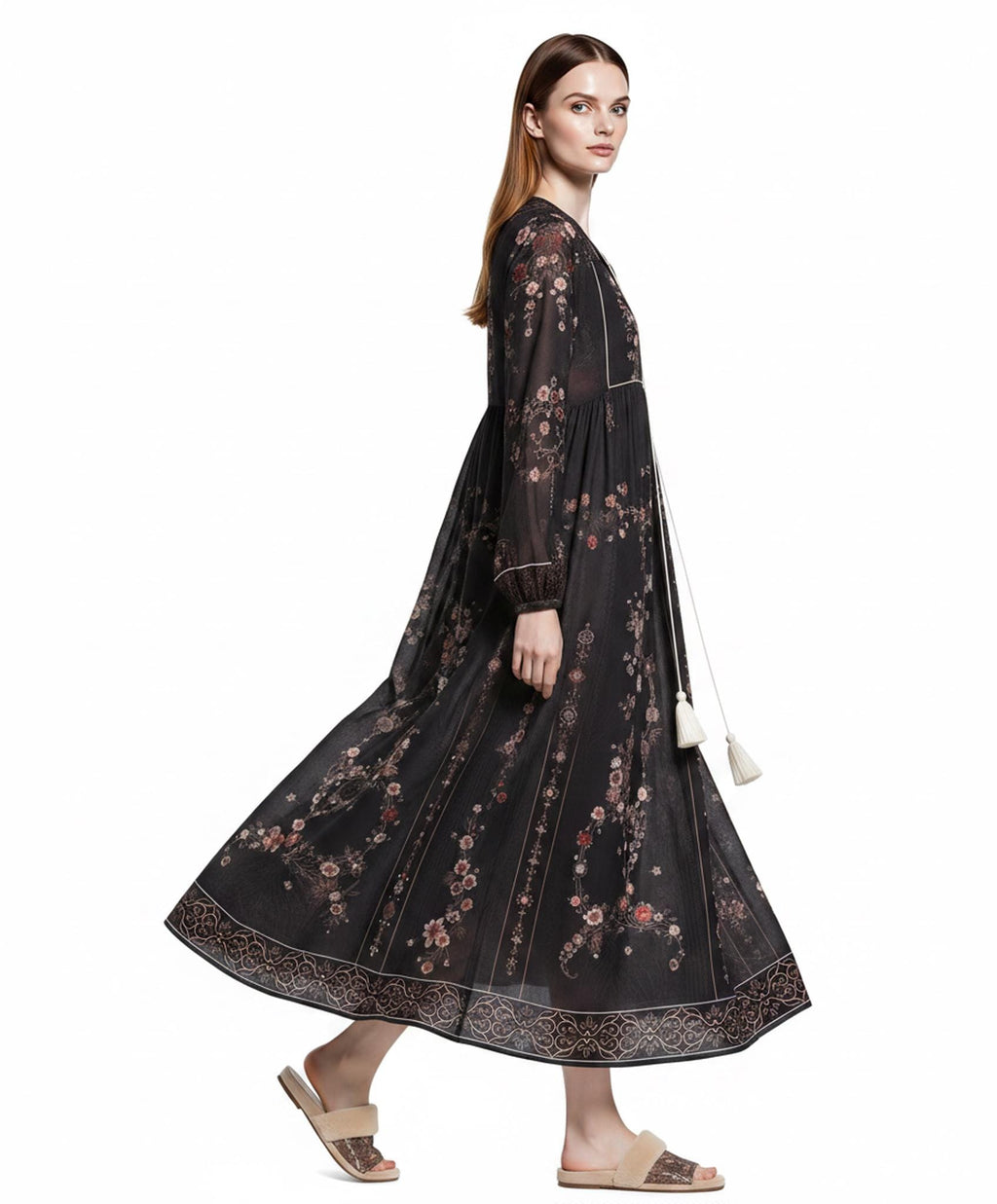 Black Floral Maxi Dress with Embroidery-Inspired Print, Tassel Ties and Long Sleeves