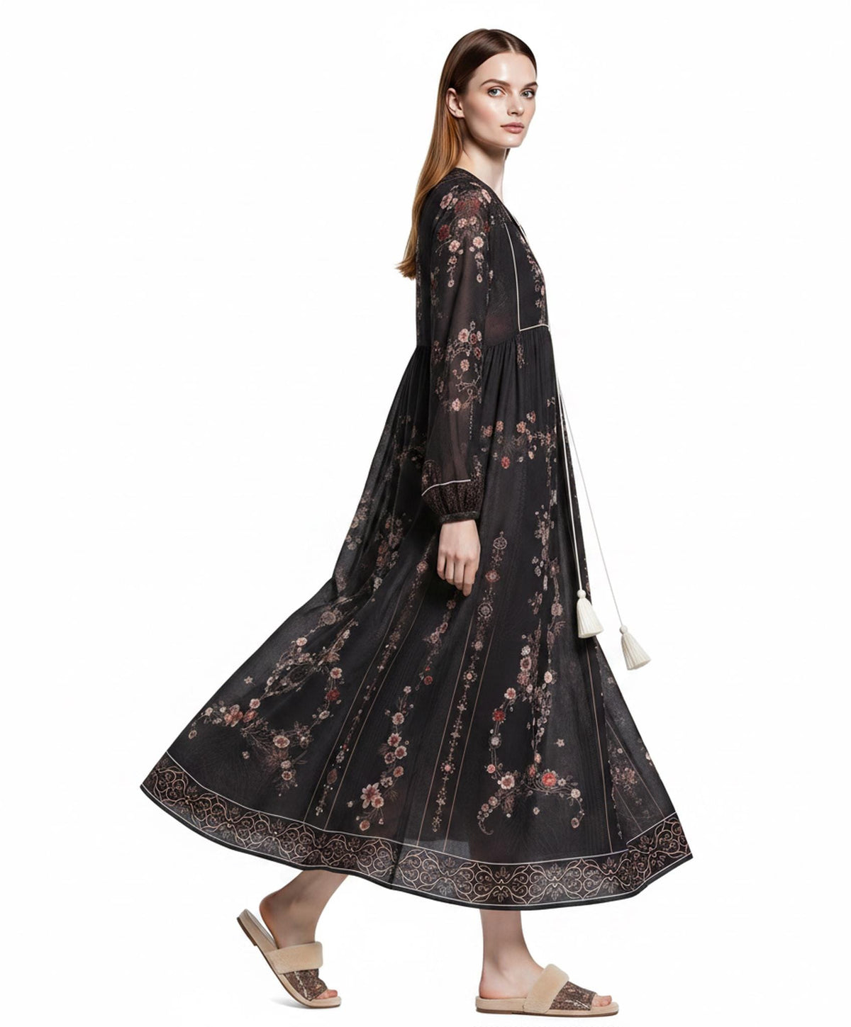 Black Floral Maxi Dress with Embroidery-Inspired Print, Tassel Ties and Long Sleeves