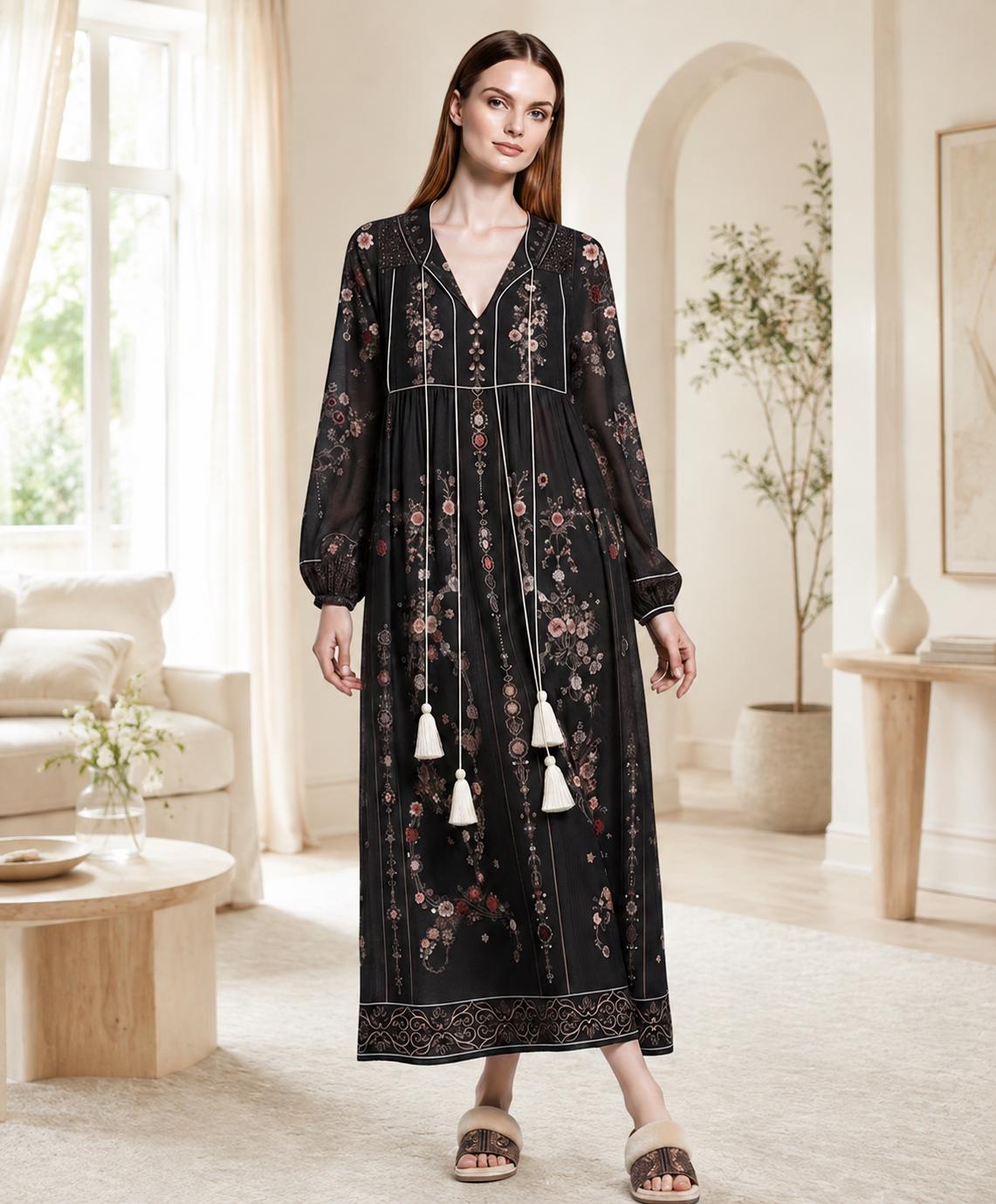 Black Floral Maxi Dress with Embroidery-Inspired Print, Tassel Ties and Long Sleeves