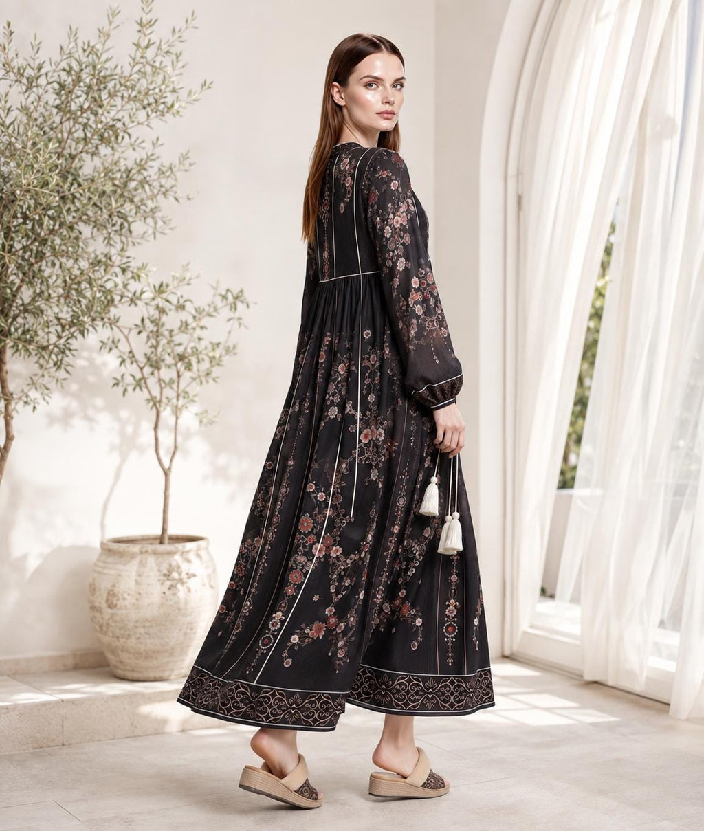 Black Floral Maxi Dress with Embroidery-Inspired Print, Tassel Ties and Long Sleeves