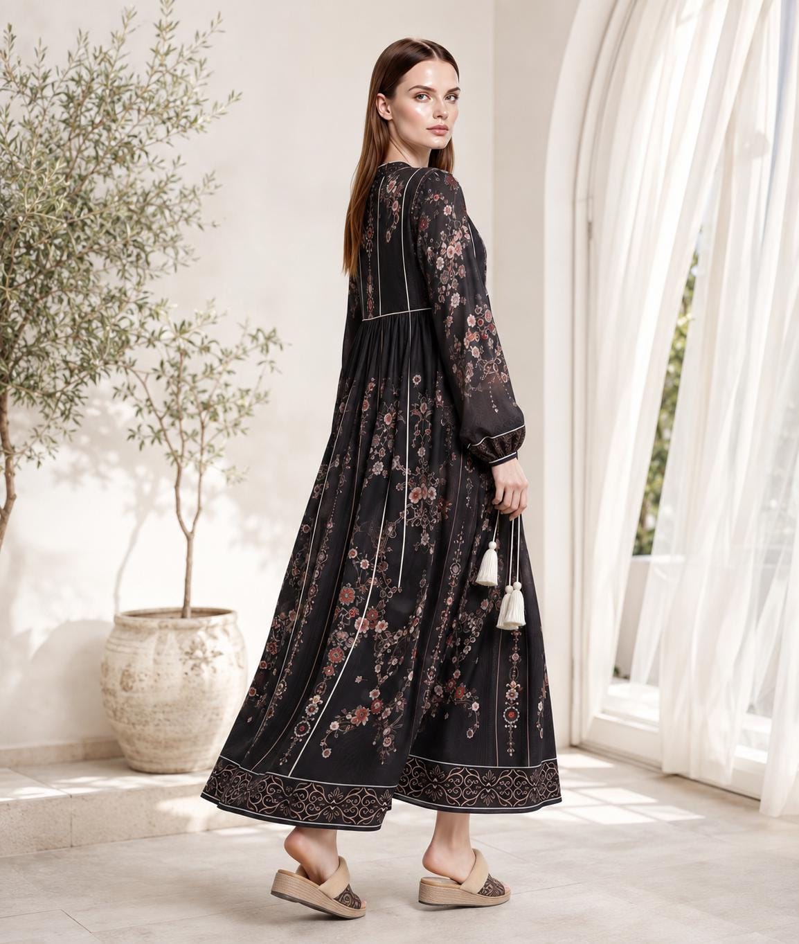 Black Floral Maxi Dress with Embroidery-Inspired Print, Tassel Ties and Long Sleeves