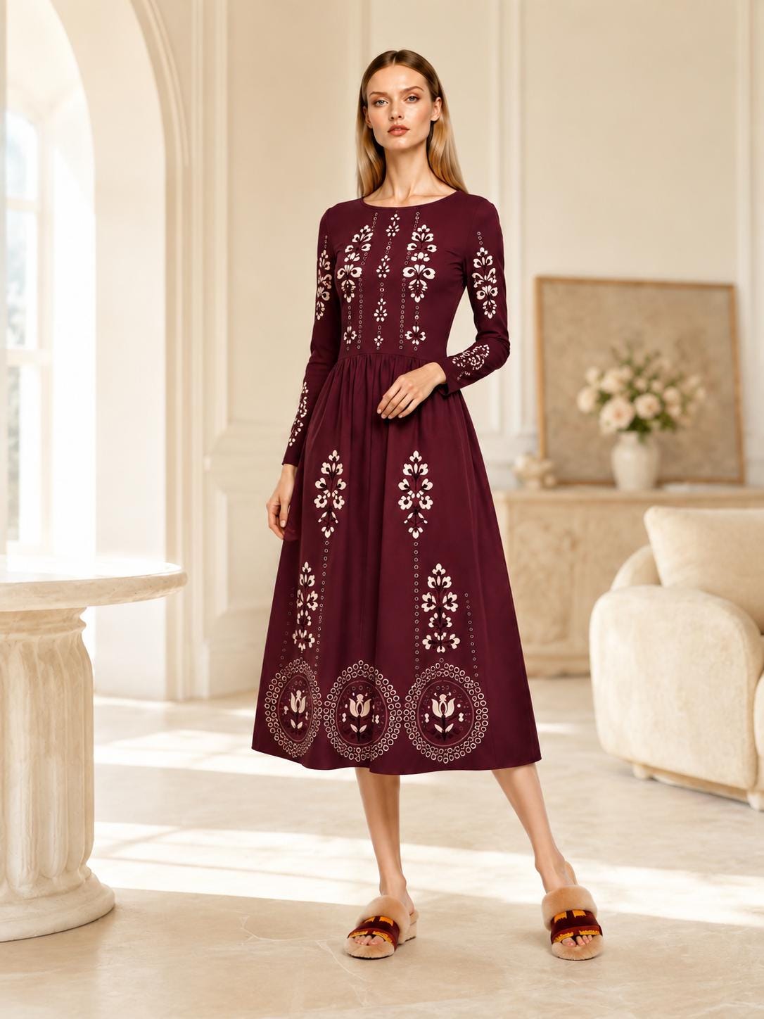 Burgundy Midi Dress with Eyelet-Inspired Floral Print, Long Sleeves and Pockets