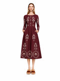Burgundy Midi Dress with Eyelet-Inspired Floral Print, Long Sleeves and Pockets