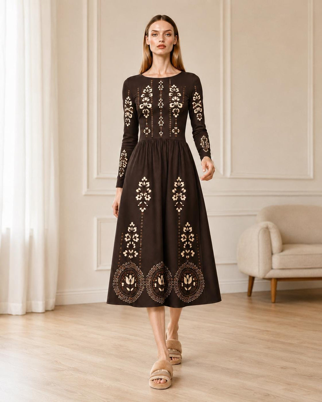 Burgundy Midi Dress with Eyelet-Inspired Floral Print, Long Sleeves and Pockets