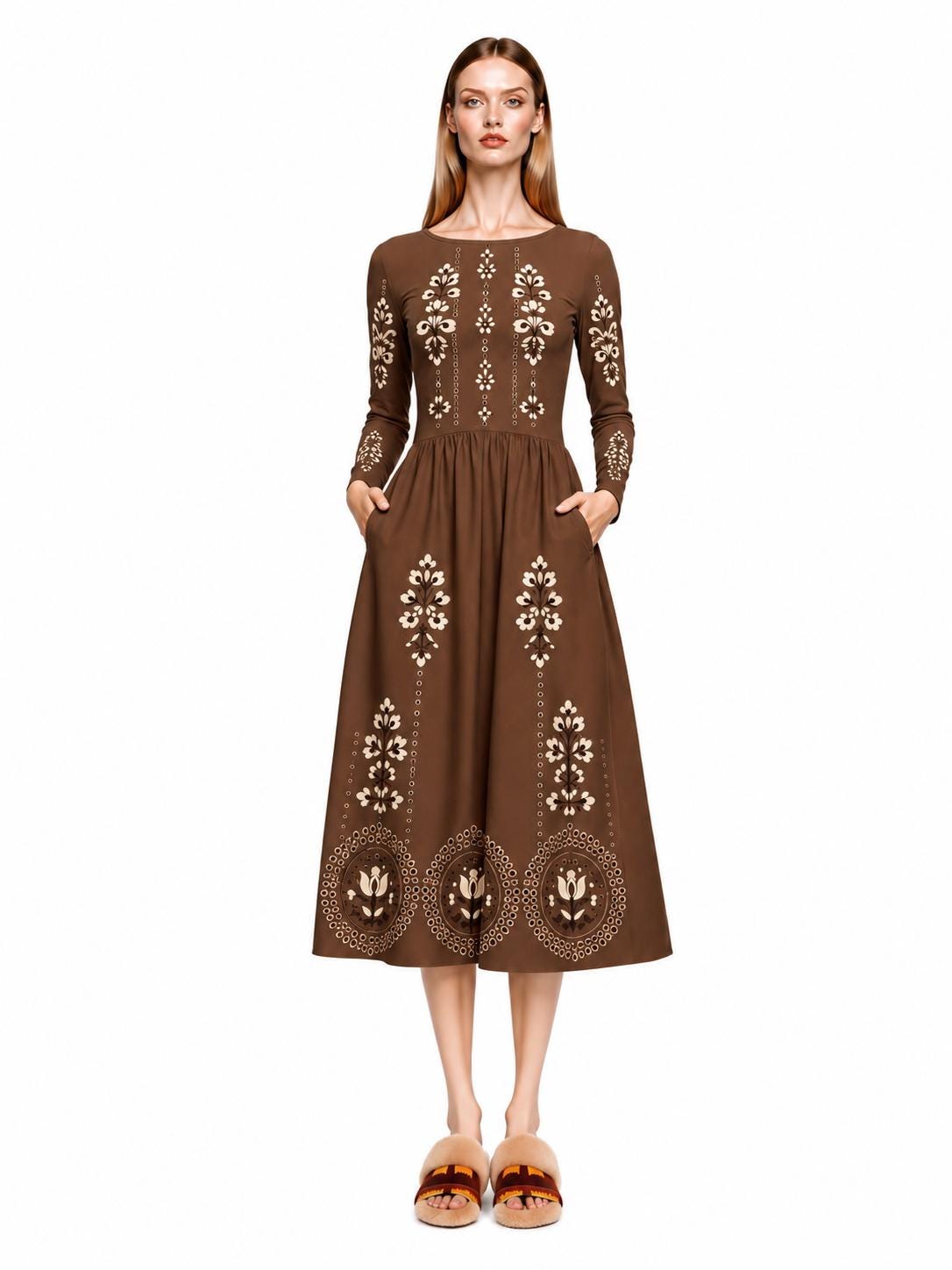 Burgundy Midi Dress with Eyelet-Inspired Floral Print, Long Sleeves and Pockets