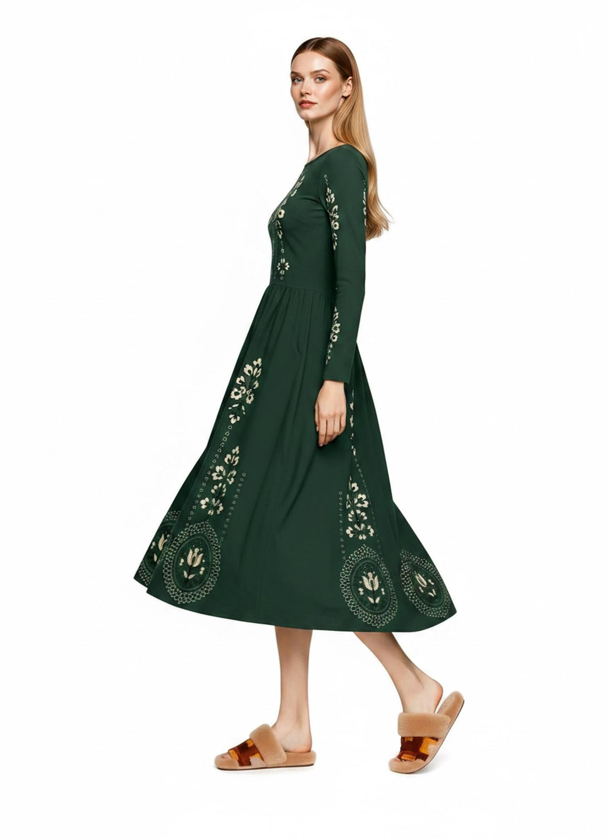 Burgundy Midi Dress with Eyelet-Inspired Floral Print, Long Sleeves and Pockets