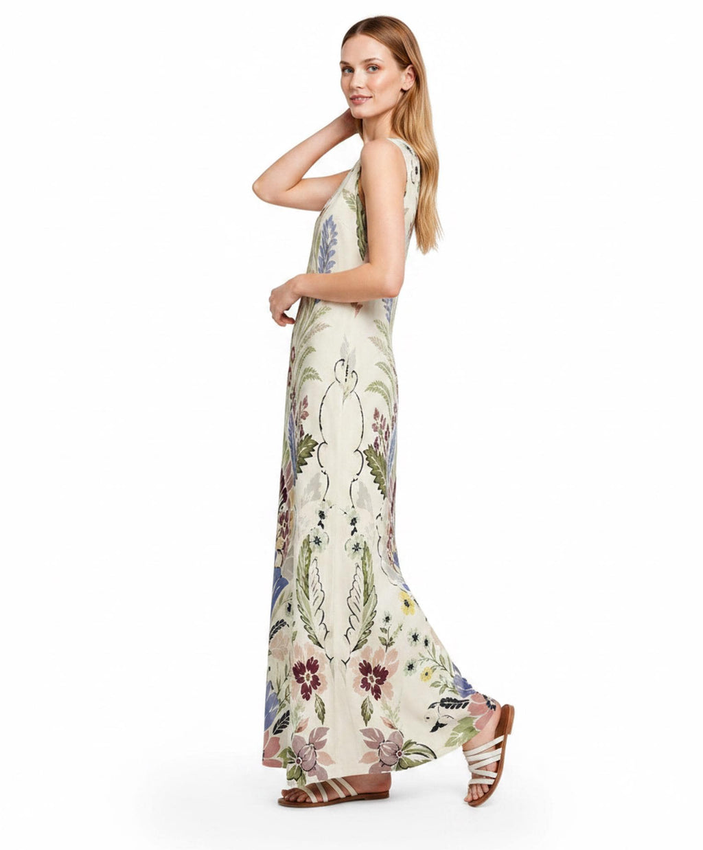 Ivory Floral Maxi Dress, Sleeveless Folk Print Dress with Pockets, Boho Botanical Style