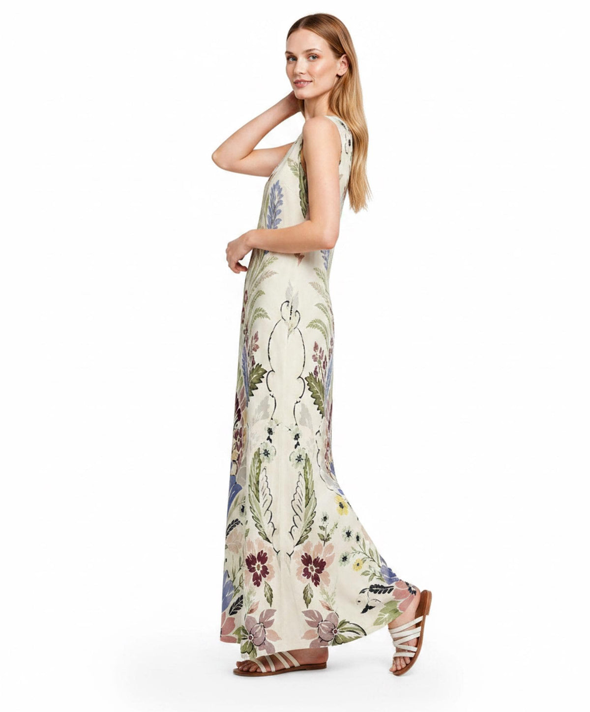 Ivory Floral Maxi Dress, Sleeveless Folk Print Dress with Pockets, Boho Botanical Style