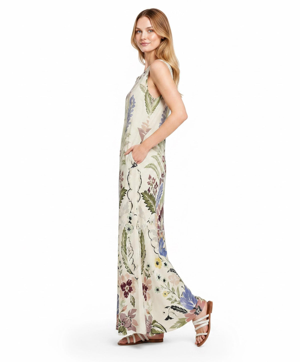 Ivory Floral Maxi Dress, Sleeveless Folk Print Dress with Pockets, Boho Botanical Style