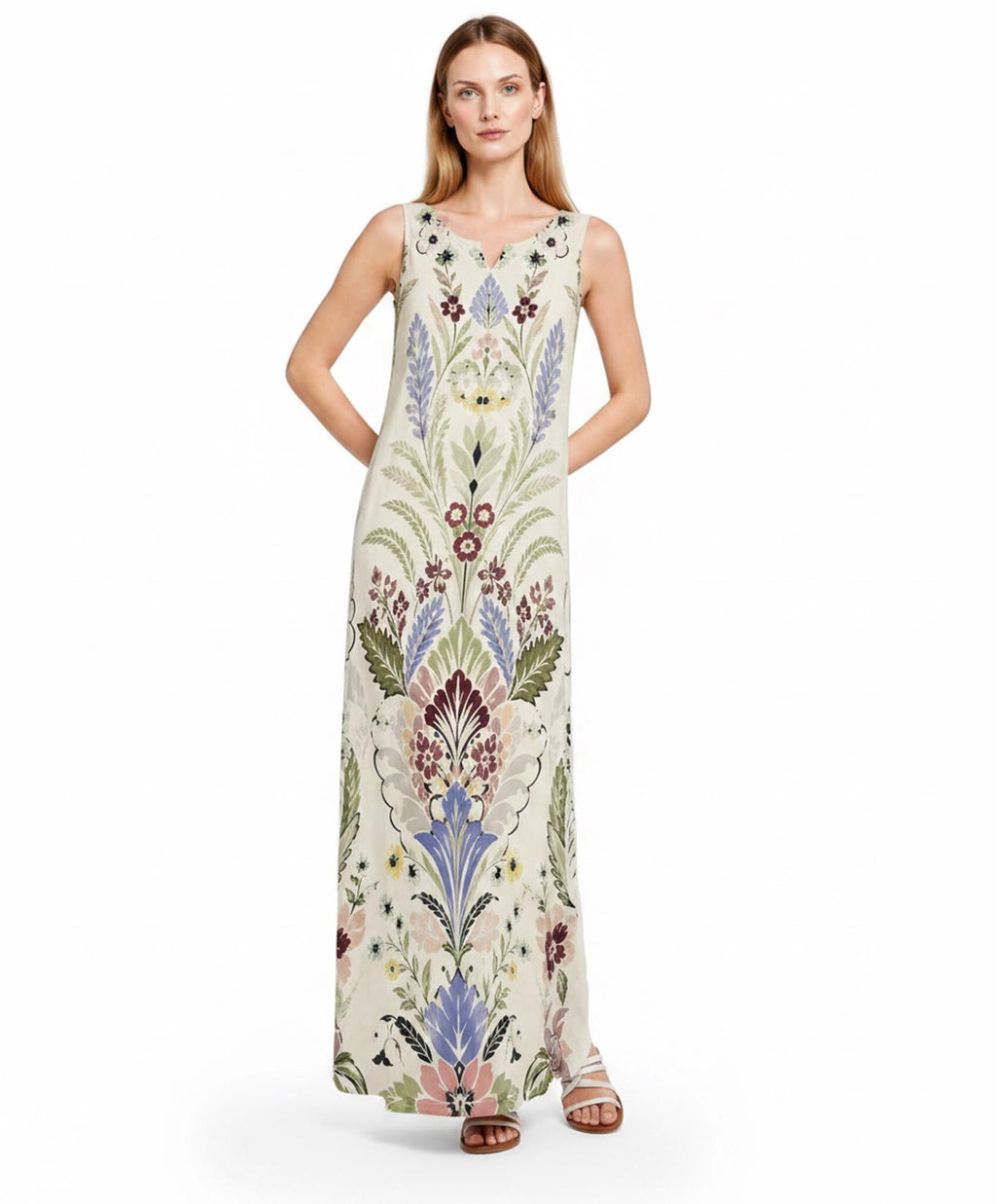 Ivory Floral Maxi Dress, Sleeveless Folk Print Dress with Pockets, Boho Botanical Style