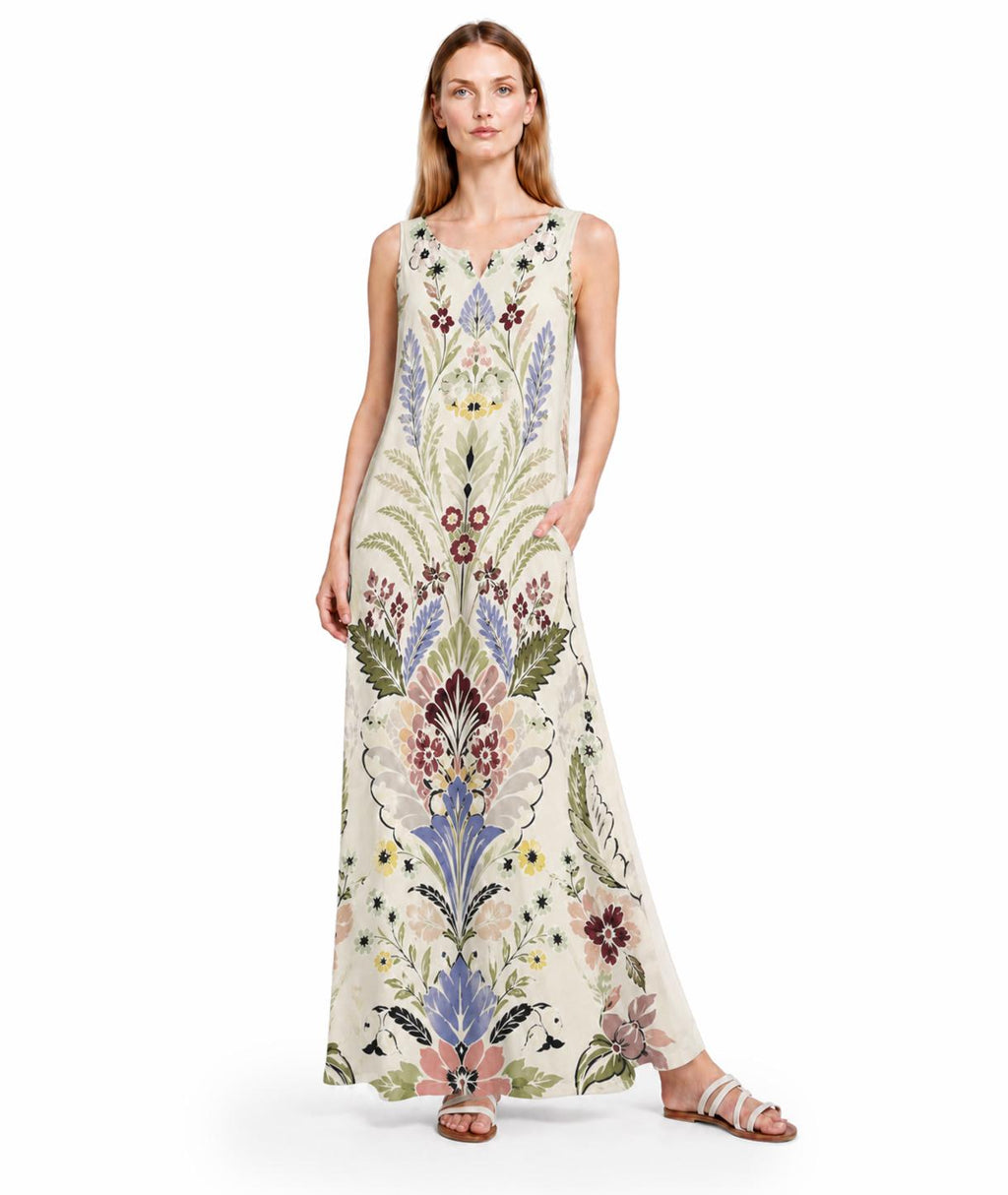 Ivory Floral Maxi Dress, Sleeveless Folk Print Dress with Pockets, Boho Botanical Style